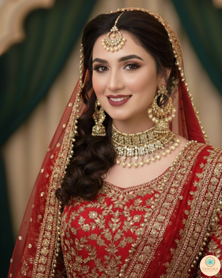 Pearly Antique Gold, Double Choker Necklace Set (Necklace, Earrings, Tikka) - Golden / Golden