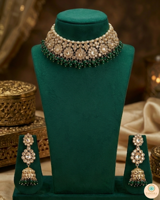Pearly Antique Gold Necklace Set (Necklace, Earrings, Tikka) - Golden / Emerald Green