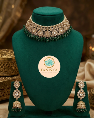 Pearly Antique Gold Necklace Set (Necklace, Earrings, Tikka) - Golden / Emerald Green