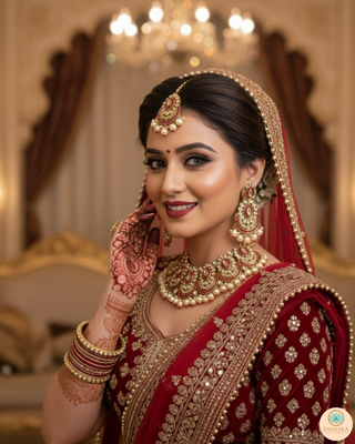 Pearly Antique Gold Necklace Set (Necklace, Earrings, Tikka) - Golden / Red