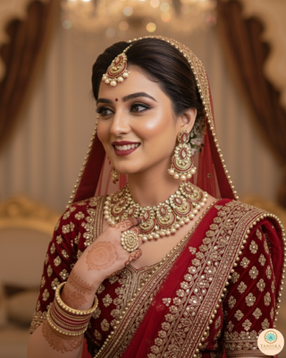 Pearly Antique Gold Necklace Set (Necklace, Earrings, Tikka) - Golden / Red