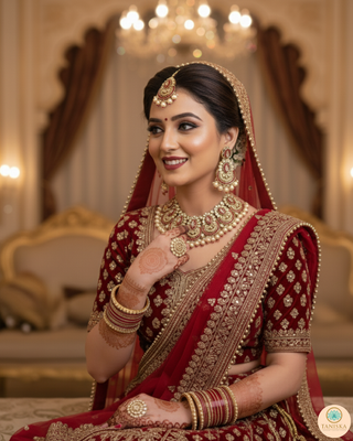 Pearly Antique Gold Necklace Set (Necklace, Earrings, Tikka) - Golden / Red