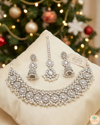 Pearly Antique Silver Necklace Set (Necklace, Earrings, Tikka) - Silver