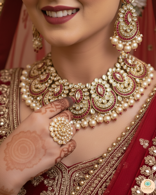 Pearly Antique Gold Necklace Set (Necklace, Earrings, Tikka) - Golden / Red