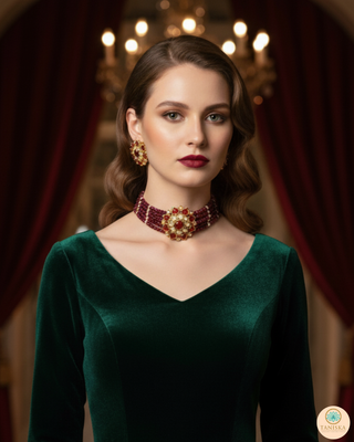 Victorian Traditional Kundan Necklace Set - Maroon