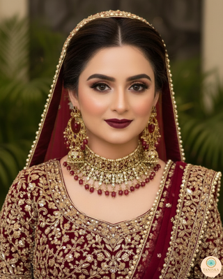Pearly Antique Gold, Double Choker Necklace Set (Necklace, Earrings, Tikka) - Golden / Maroon
