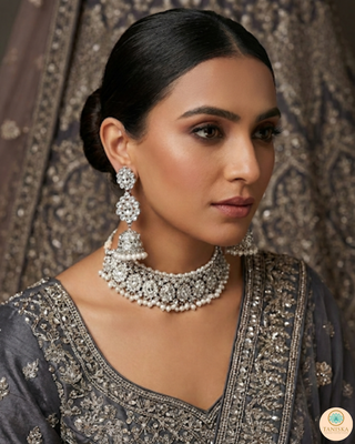 Pearly Antique Silver Necklace Set (Necklace, Earrings, Tikka) - Silver