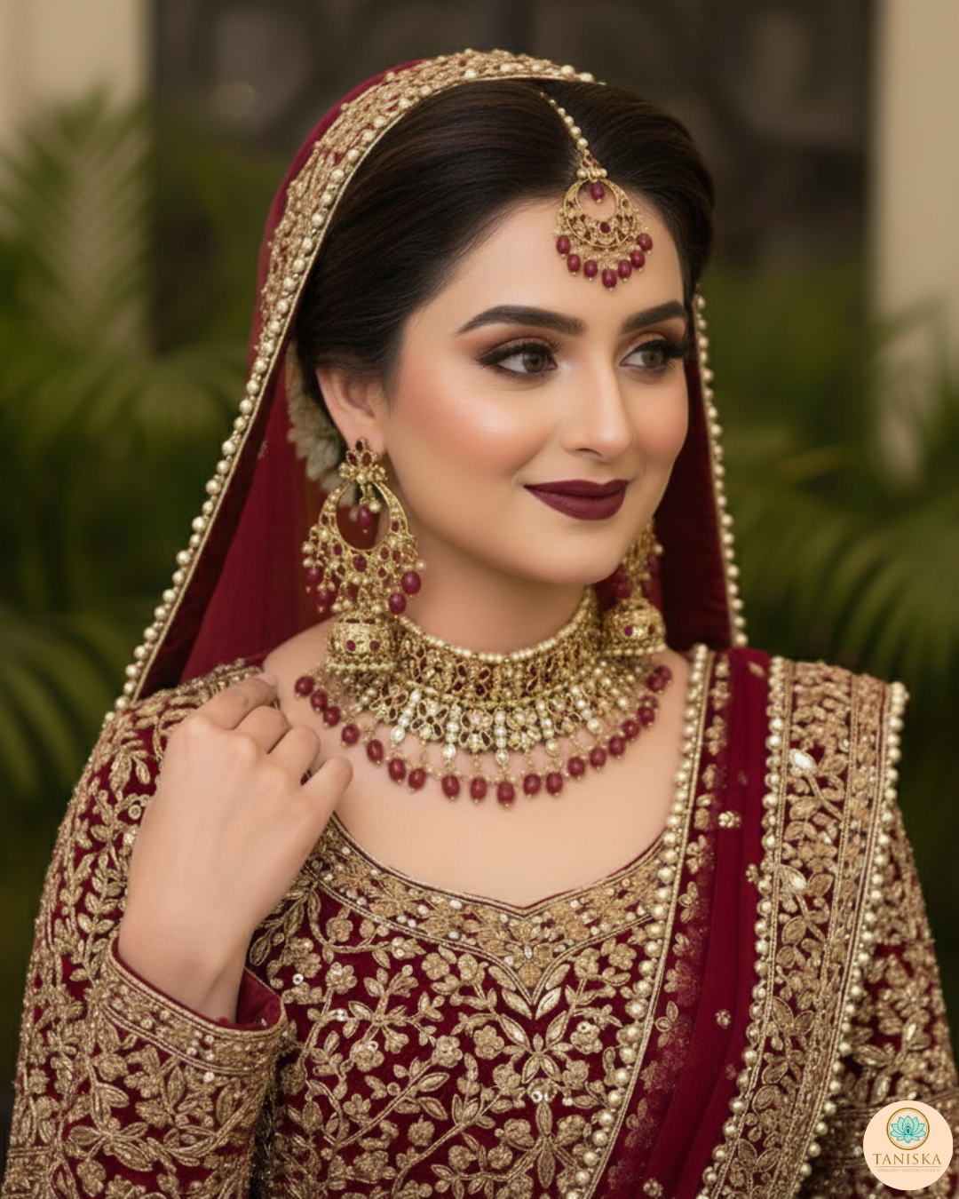 Pearly Antique Gold, Double Choker Necklace Set (Necklace, Earrings, Tikka) - Golden / Maroon