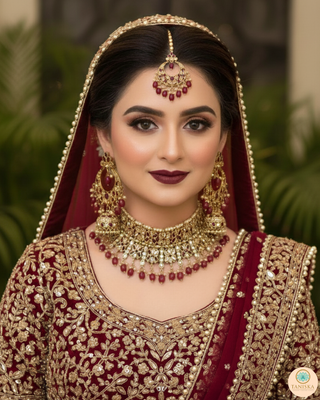 Pearly Antique Gold, Double Choker Necklace Set (Necklace, Earrings, Tikka) - Golden / Maroon