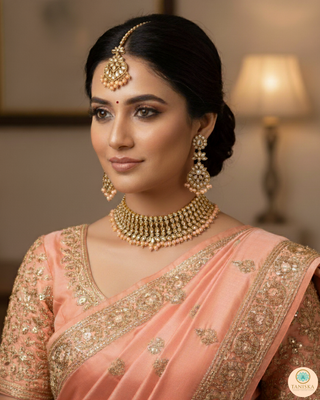 Pearly Antique Gold Necklace Set (Necklace, Earrings, Tikka) - Golden / Peach