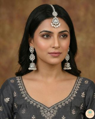 Pearly Antique Silver Necklace Set (Necklace, Earrings, Tikka) - Silver