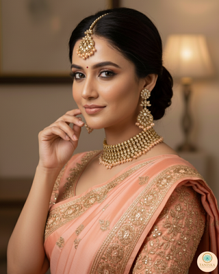 Pearly Antique Gold Necklace Set (Necklace, Earrings, Tikka) - Golden / Peach