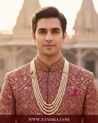 The Nobleman’s Strand | Multi-Layered Pearl Mala with Brooch | Antique Gold 4 Layered Pearl Mens / Groom Mala
