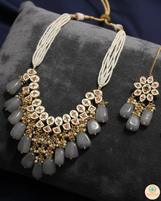 ROYAL Kundan Necklace Set - Charcoal Grey (with Meenakari)