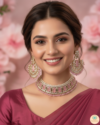 Pearly Antique Gold Necklace Set (Necklace, Earrings, Tikka) - Golden / Pink