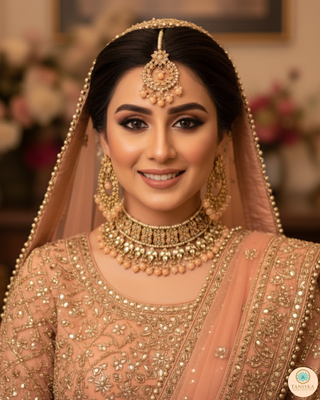 Pearly Antique Gold Necklace Set (Necklace, Earrings, Tikka) - Golden / Peach