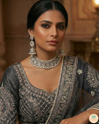 Pearly Antique Silver Necklace Set (Necklace, Earrings, Tikka) - Silver