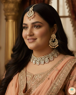 Pearly Antique Gold Necklace Set (Necklace, Earrings, Tikka) - Golden / Peach