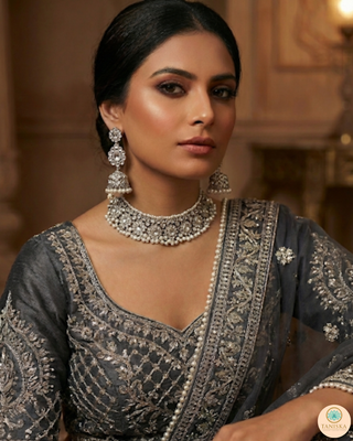 Pearly Antique Silver Necklace Set (Necklace, Earrings, Tikka) - Silver