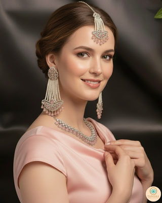 American Diamond Style Necklace Set - Silver/Baby Pink