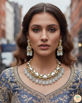 ROYAL Kundan Necklace Set - Greyish Blue (with Meenakari)