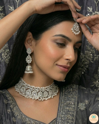 Pearly Antique Silver Necklace Set (Necklace, Earrings, Tikka) - Silver