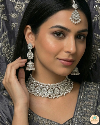 Pearly Antique Silver Necklace Set (Necklace, Earrings, Tikka) - Silver