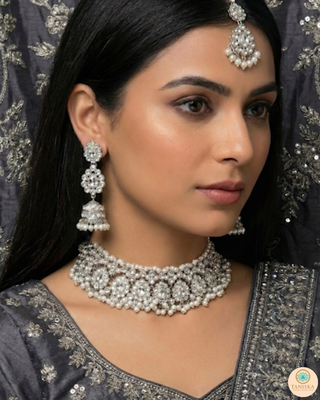 Pearly Antique Silver Necklace Set (Necklace, Earrings, Tikka) - Silver