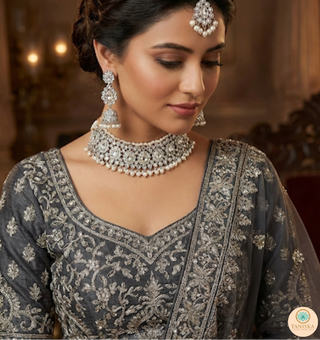 Pearly Antique Silver Necklace Set (Necklace, Earrings, Tikka) - Silver