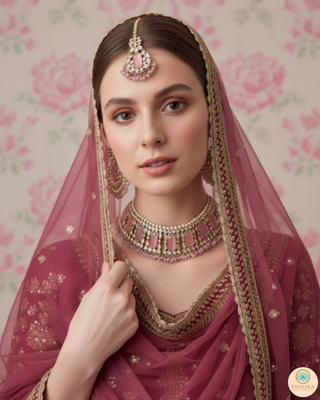 Pearly Antique Gold Necklace Set (Necklace, Earrings, Tikka) - Golden / Baby Pink