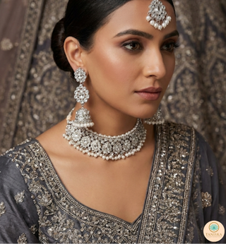 Pearly Antique Silver Necklace Set (Necklace, Earrings, Tikka) - Silver