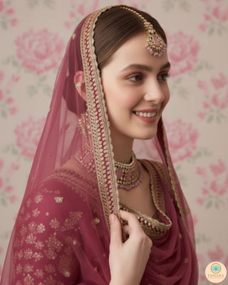 Pearly Antique Gold Necklace Set (Necklace, Earrings, Tikka) - Golden / Baby Pink