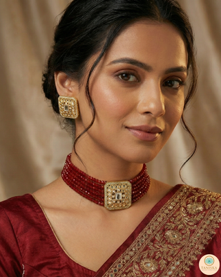 GLASS Choker Necklace Set - Maroon