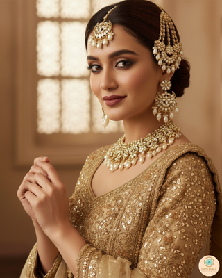 RAHA Traditional Glass Necklace Set - Golden / Ivory