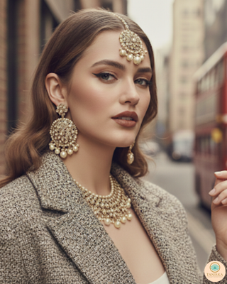 Pearly Antique Gold Necklace Set (Necklace, Earrings, Tikka) - Golden