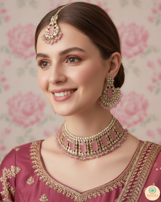 Pearly Antique Gold Necklace Set (Necklace, Earrings, Tikka) - Golden / Baby Pink