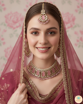 Pearly Antique Gold Necklace Set (Necklace, Earrings, Tikka) - Golden / Baby Pink