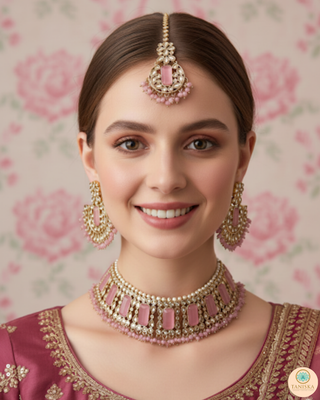 Pearly Antique Gold Necklace Set (Necklace, Earrings, Tikka) - Golden / Baby Pink