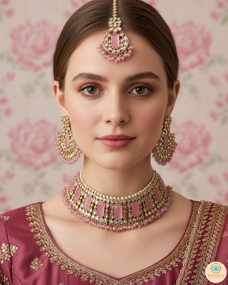 Pearly Antique Gold Necklace Set (Necklace, Earrings, Tikka) - Golden / Pink