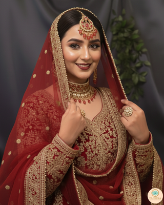 Pearly Antique Gold Necklace Set (Necklace, Earrings, Tikka) - Golden / Red