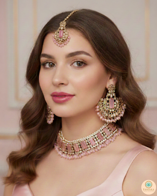 Pearly Antique Gold Necklace Set (Necklace, Earrings, Tikka) - Golden / Pink