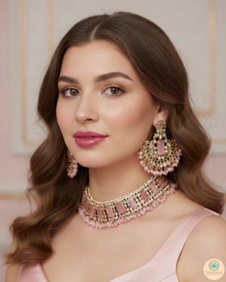 Pearly Antique Gold Necklace Set (Necklace, Earrings, Tikka) - Golden / Pink