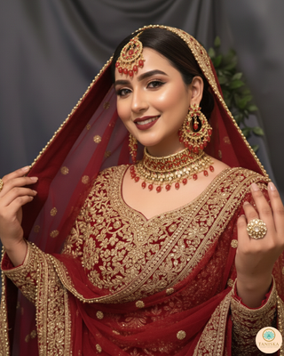 Pearly Antique Gold Necklace Set (Necklace, Earrings, Tikka) - Golden / Red