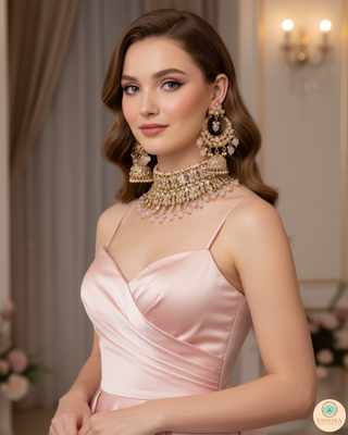 Pearly Antique Gold, Double Choker Necklace Set (Necklace, Earrings, Tikka) - Golden / Baby Pink