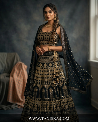Midnight Gold Sequin & Mirror Work Lehenga