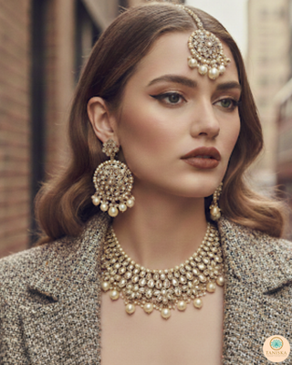 Pearly Antique Gold Necklace Set (Necklace, Earrings, Tikka) - Golden