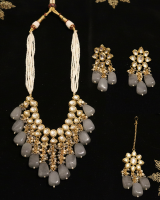 ROYAL Kundan Necklace Set - Charcoal Grey (with Meenakari)