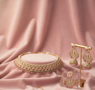 Pearly Antique Gold Necklace Set (Necklace, Earrings, Tikka) - Golden / Pink