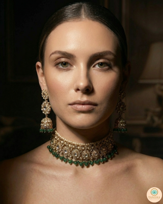 Pearly Antique Gold Necklace Set (Necklace, Earrings, Tikka) - Golden / Emerald Green