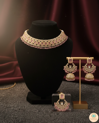 Pearly Antique Gold Necklace Set (Necklace, Earrings, Tikka) - Golden / Pink